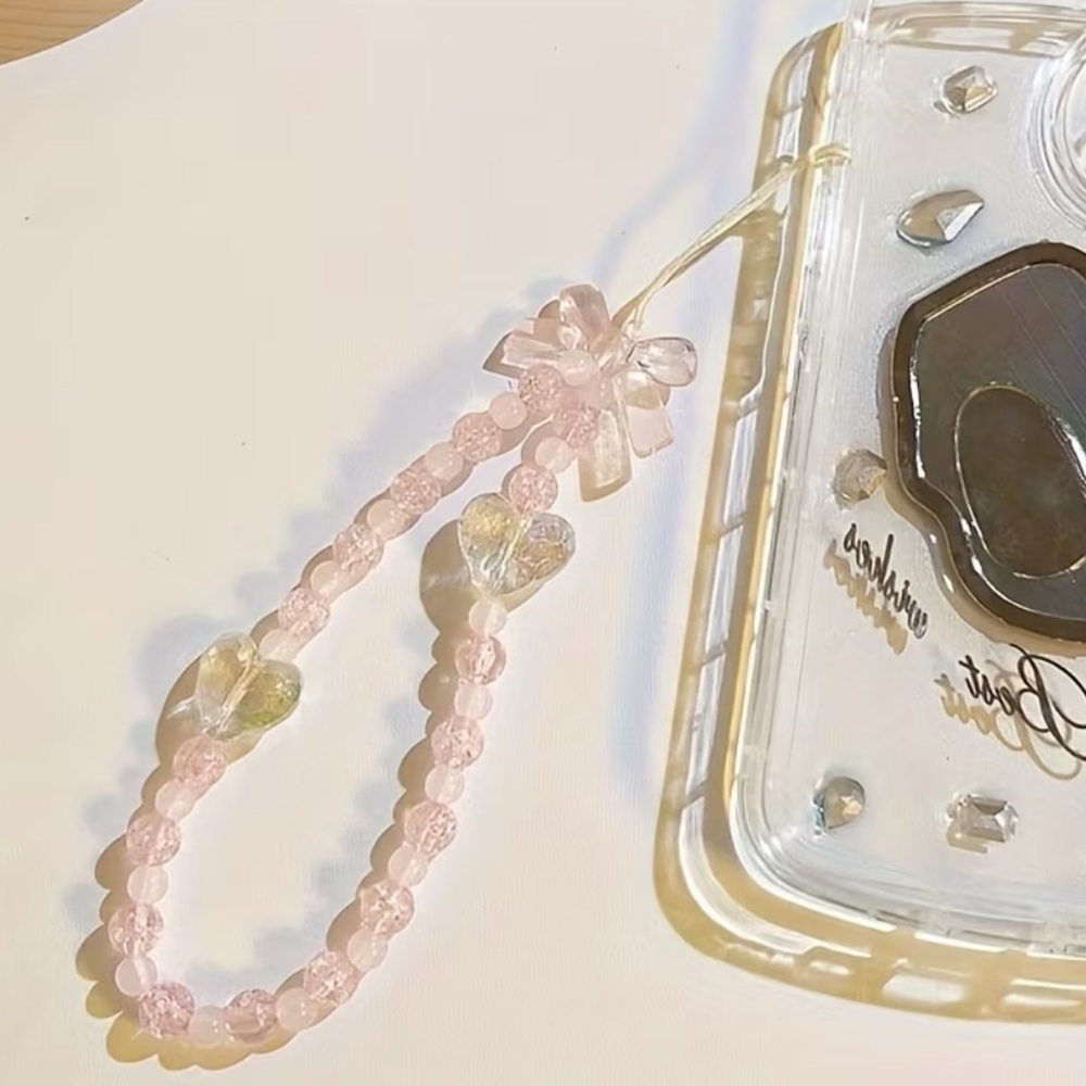 Pink Beaded Phone Charm with Heart Accents